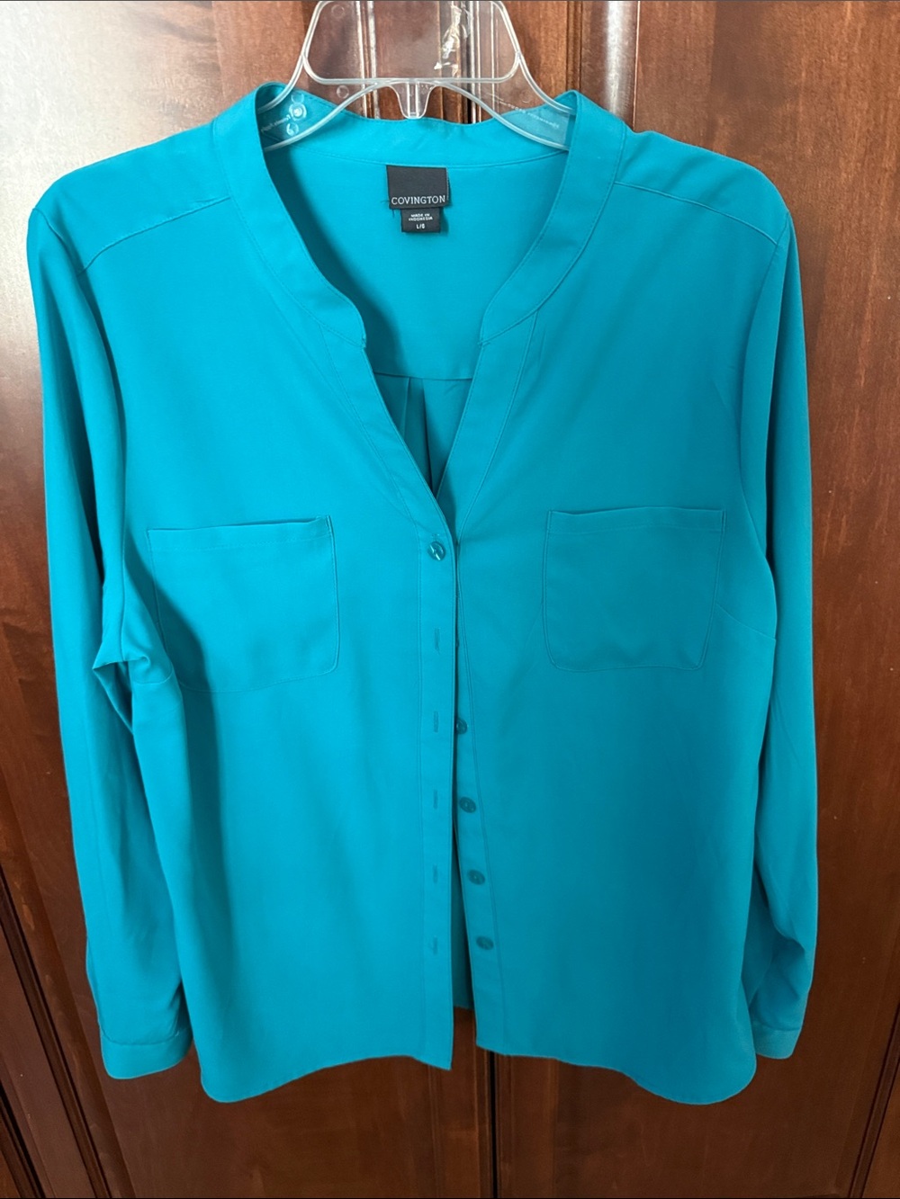 Covington Teal Button-Front Blouse with Chest Pockets Large